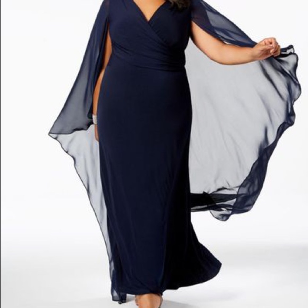 NWT Calvin Klein Blue Chiffon Cape Wrap Gown
